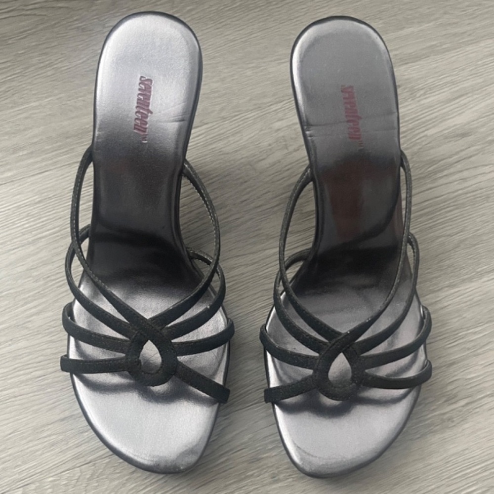 Y2K Vintage Seventeen Gabby Black Strappy Shimmer Dress Heels Size 7